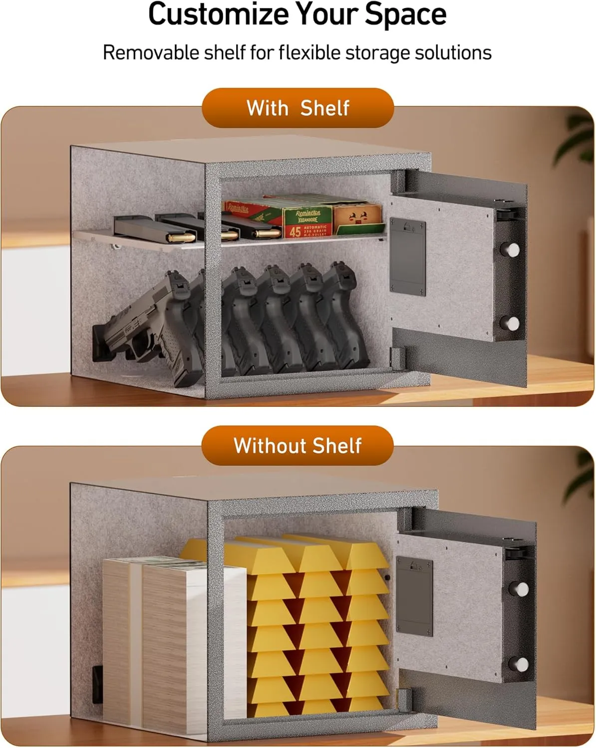 BILLCONCH Gun Safe with 6 Pistol Safe Holders - Biometric Pistol Safe with Display and Voice Prompt, Automatic Locking Tabs | Detachable Shelf and Foldable Gun Racks for Handgun Safe (1.4 Cubic Feet)