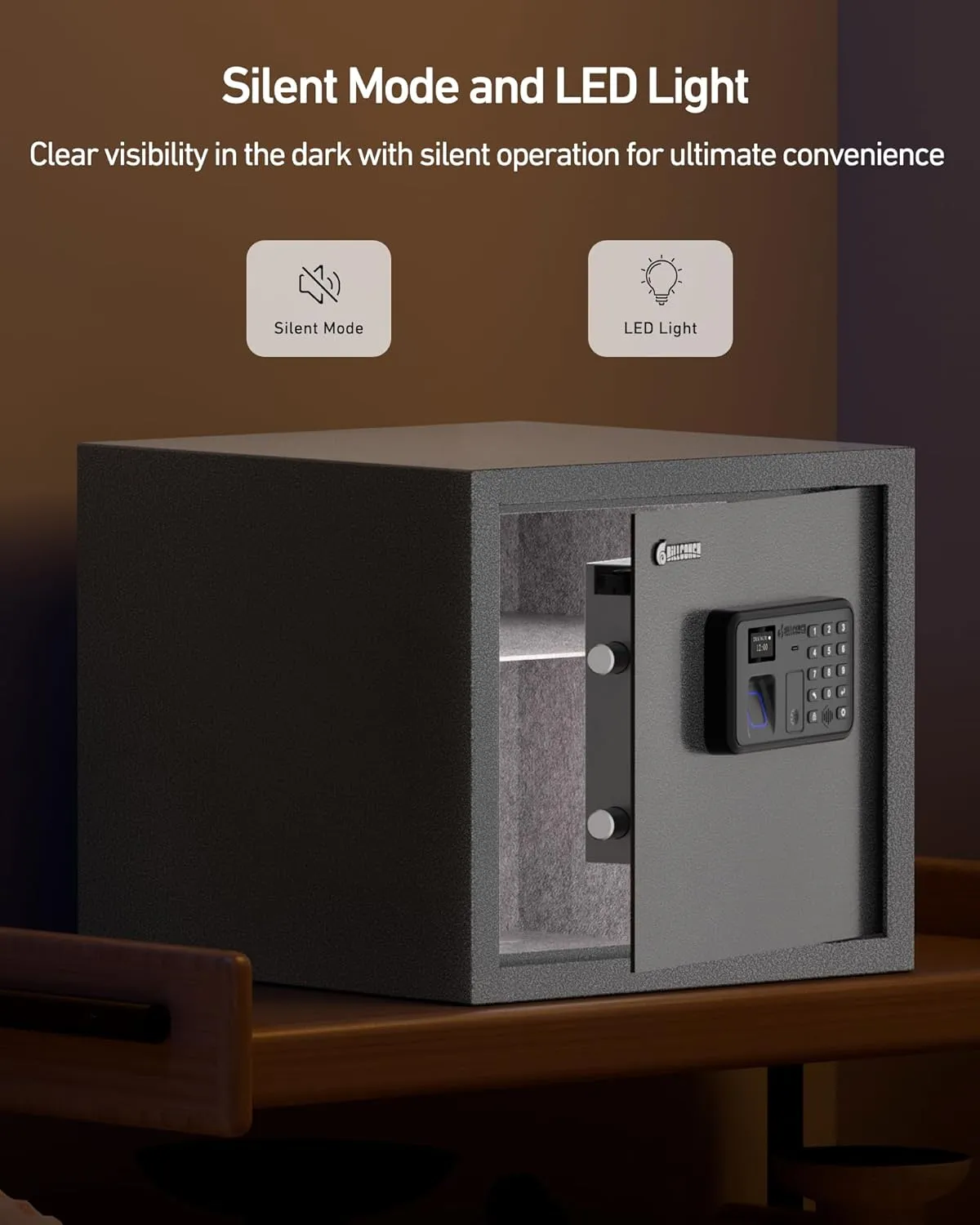 BILLCONCH Gun Safe with 6 Pistol Safe Holders - Biometric Pistol Safe with Display and Voice Prompt, Automatic Locking Tabs | Detachable Shelf and Foldable Gun Racks for Handgun Safe (1.4 Cubic Feet)