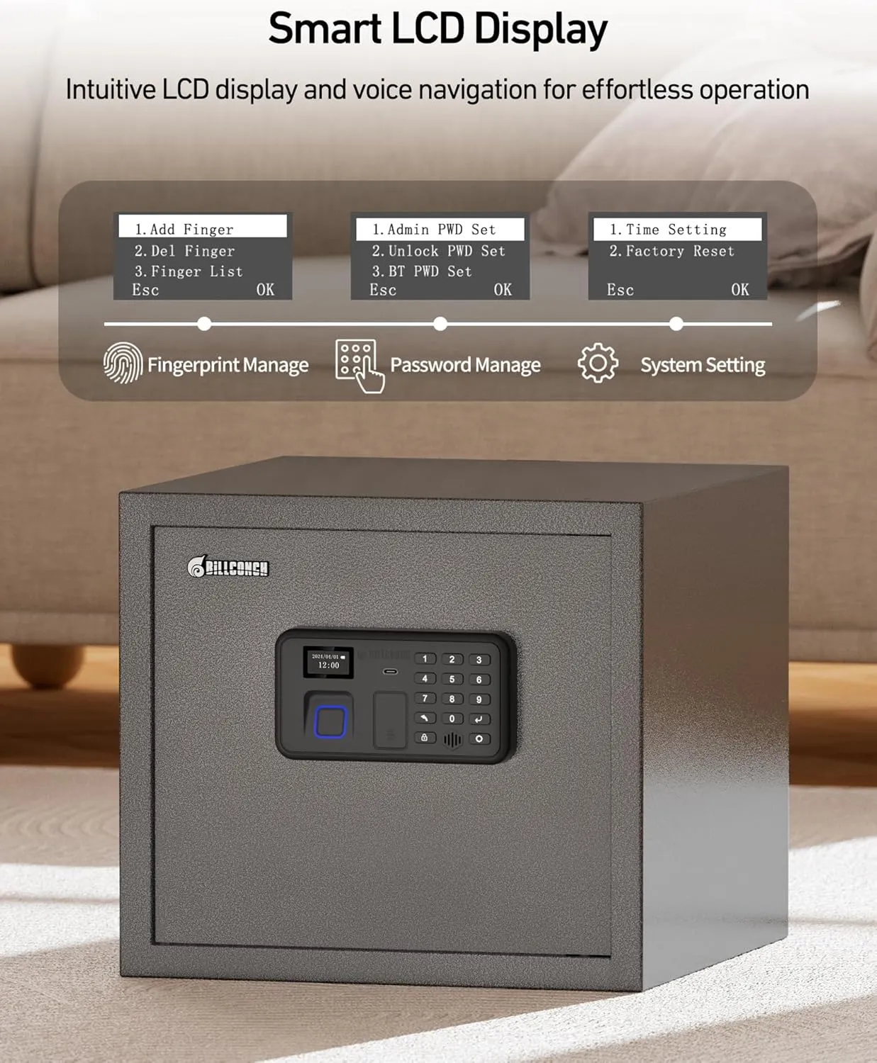 BILLCONCH Gun Safe with 6 Pistol Safe Holders - Biometric Pistol Safe with Display and Voice Prompt, Automatic Locking Tabs | Detachable Shelf and Foldable Gun Racks for Handgun Safe (1.4 Cubic Feet)