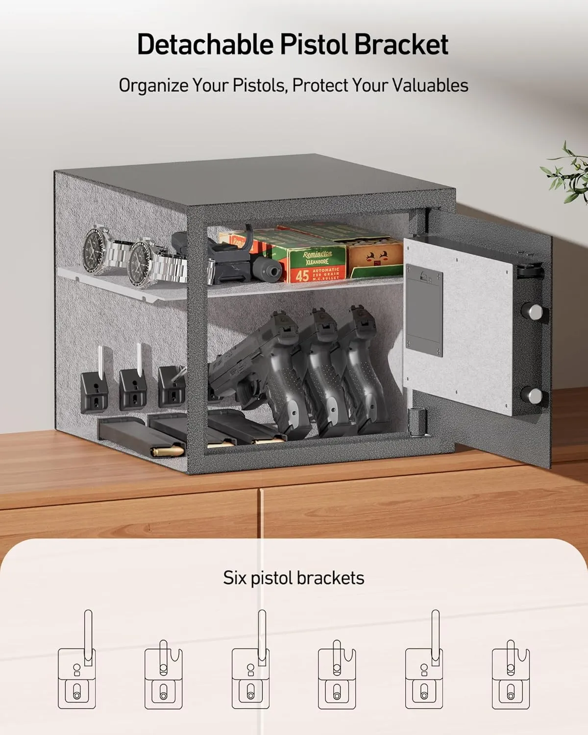 BILLCONCH Gun Safe with 6 Pistol Safe Holders - Biometric Pistol Safe with Display and Voice Prompt, Automatic Locking Tabs | Detachable Shelf and Foldable Gun Racks for Handgun Safe (1.4 Cubic Feet)