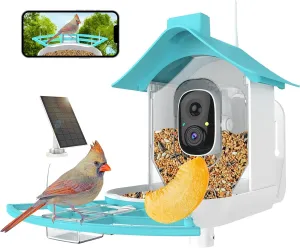 Bird Feeder with Camera, Smart Bird Feeder Camera with AI Identify Instant Notifications, FHD Live View,Birds Watching Camera with Solar Panel in Backyard, Ideal Gift for Family and Birds Lover,Blue