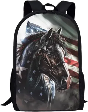 Biyejit Kids Backpack for Boys & Girls, Perfect for Early Elementary Daycare School Travel, Features Padded Back, American Flag Horse