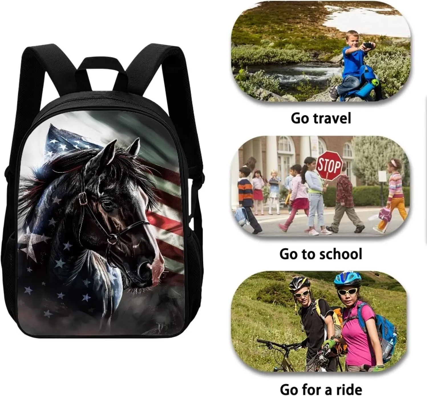 Biyejit Kids Backpack for Boys & Girls, Perfect for Early Elementary Daycare School Travel, Features Padded Back, American Flag Horse