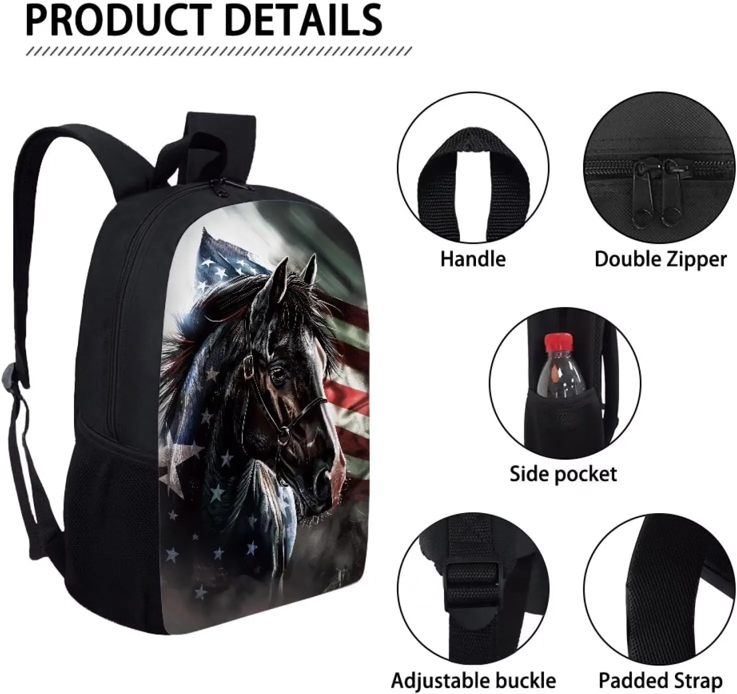 Biyejit Kids Backpack for Boys & Girls, Perfect for Early Elementary Daycare School Travel, Features Padded Back, American Flag Horse