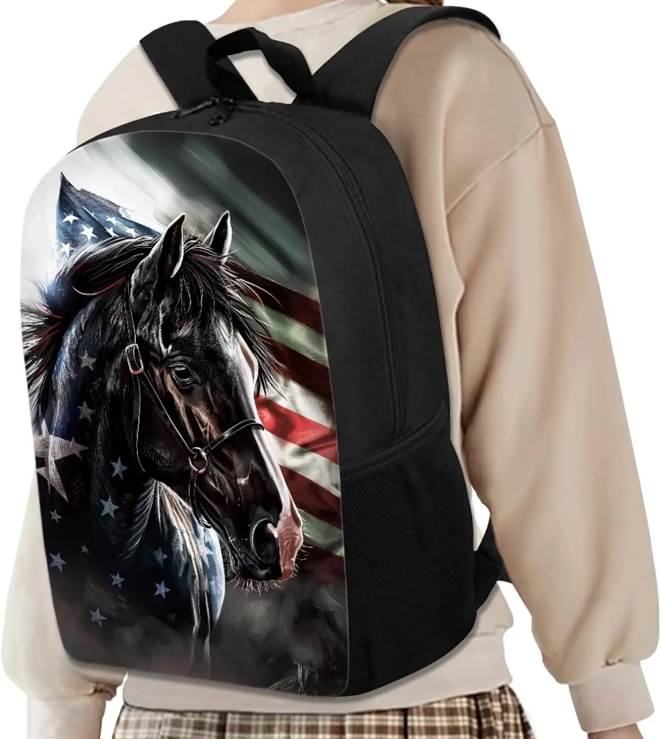 Biyejit Kids Backpack for Boys & Girls, Perfect for Early Elementary Daycare School Travel, Features Padded Back, American Flag Horse