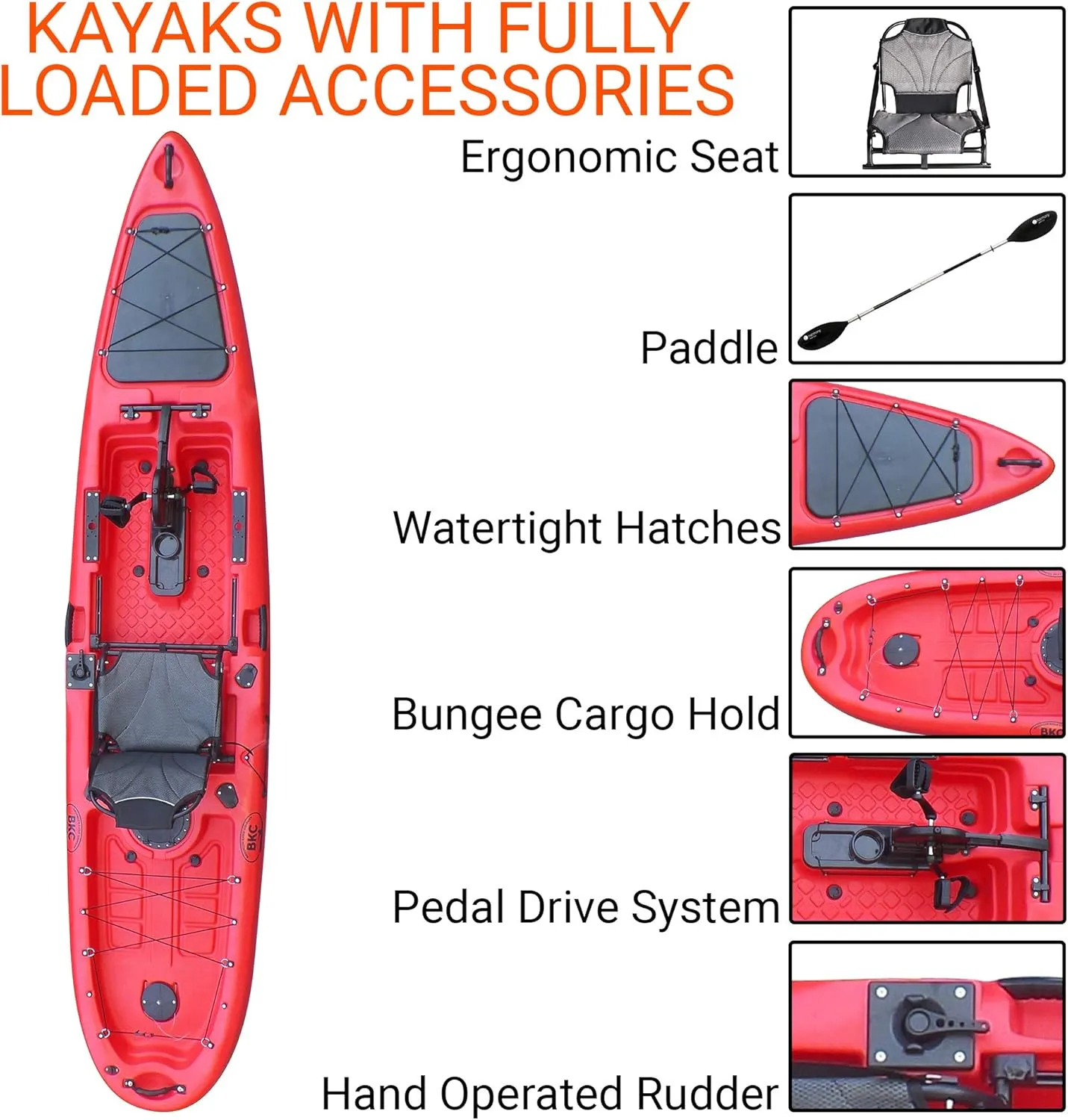 BKC PK13 13' Pedal Drive Fishing Kayak W/Rudder System and Instant Reverse, Paddle, Upright Back Support Aluminum Frame Seat, 1 Person Foot Operated Kayak