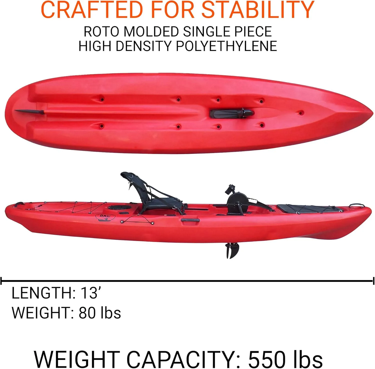 BKC PK13 13' Pedal Drive Fishing Kayak W/Rudder System and Instant Reverse, Paddle, Upright Back Support Aluminum Frame Seat, 1 Person Foot Operated Kayak