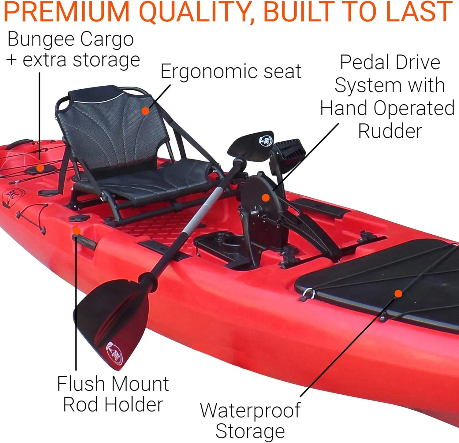 BKC PK13 13' Pedal Drive Fishing Kayak W/Rudder System and Instant Reverse, Paddle, Upright Back Support Aluminum Frame Seat, 1 Person Foot Operated Kayak