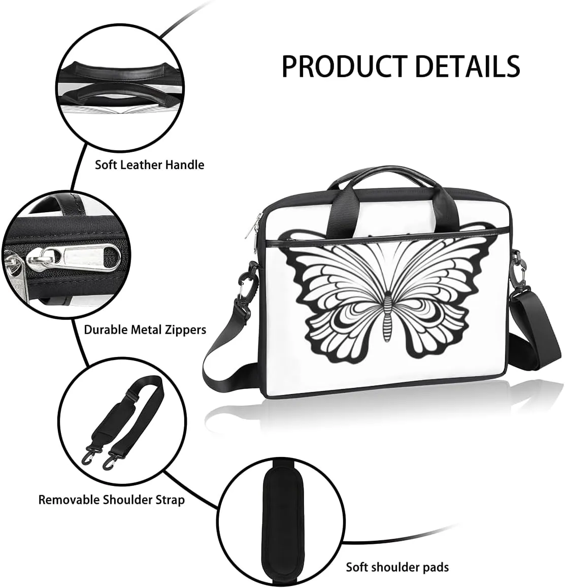 Black And White Butterfly Laptop Bag for Men Women 13-15 Inch Case Bags Sleeve Shoulder with Anti Slip Removable