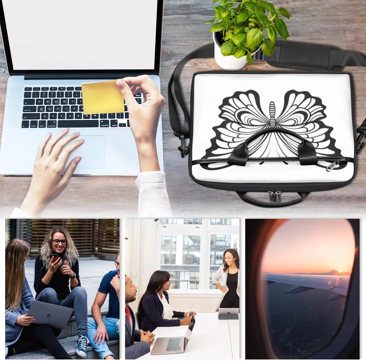 Black And White Butterfly Laptop Bag for Men Women 13-15 Inch Case Bags Sleeve Shoulder with Anti Slip Removable