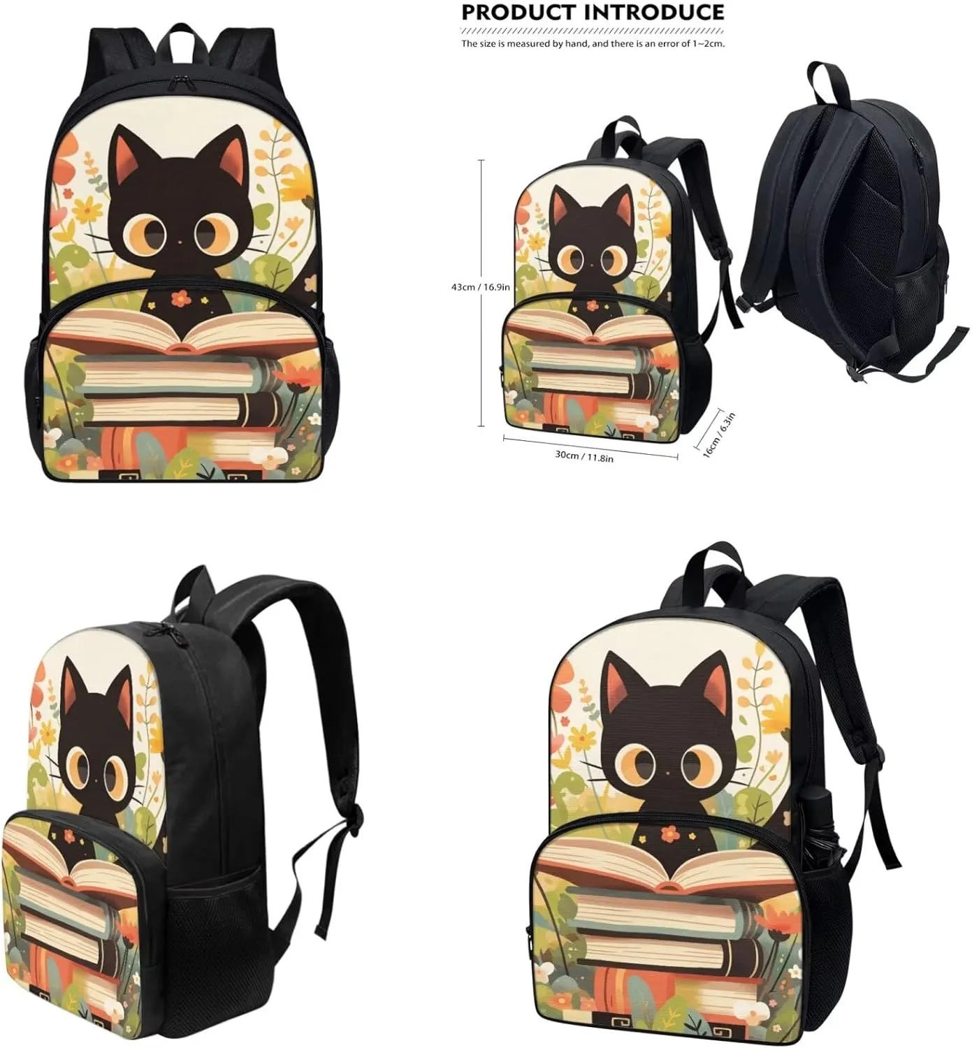 Black Cat Backpack for Girls with Lunch Box Pencil Case Water Bottle Sleeve 4 Pcs Kids Bookbags Breathable Girls Backpacks for Middle School Aesthetic Book Bag for Primary School