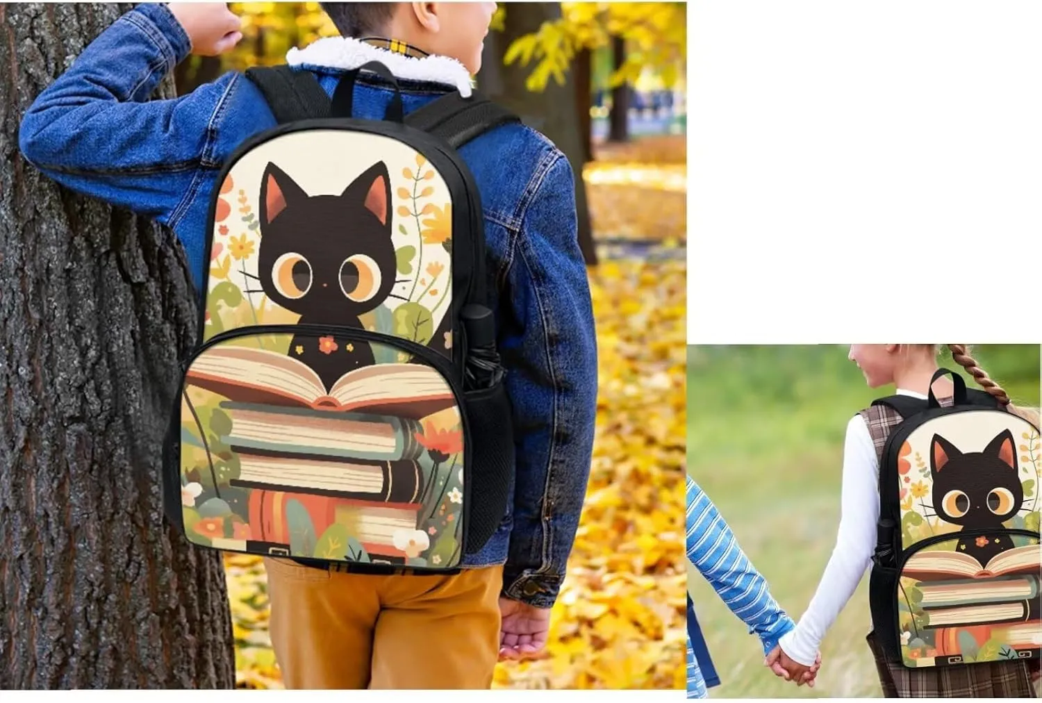 Black Cat Backpack for Girls with Lunch Box Pencil Case Water Bottle Sleeve 4 Pcs Kids Bookbags Breathable Girls Backpacks for Middle School Aesthetic Book Bag for Primary School