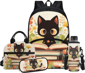 Black Cat Backpack for Girls with Lunch Box Pencil Case Water Bottle Sleeve 4 Pcs Kids Bookbags Breathable Girls Backpacks for Middle School Aesthetic Book Bag for Primary School