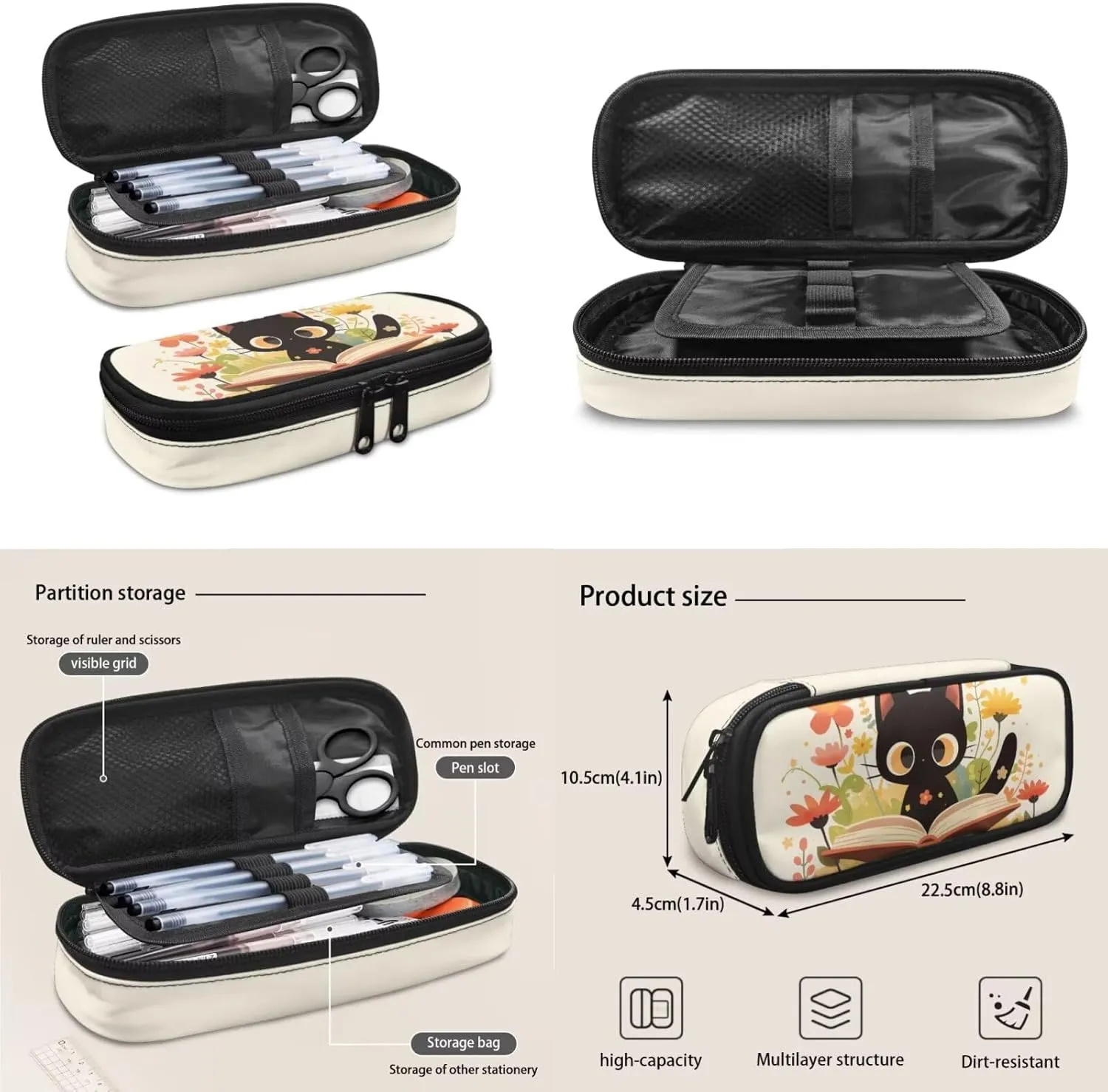 Black Cat Backpack for Girls with Lunch Box Pencil Case Water Bottle Sleeve 4 Pcs Kids Bookbags Breathable Girls Backpacks for Middle School Aesthetic Book Bag for Primary School
