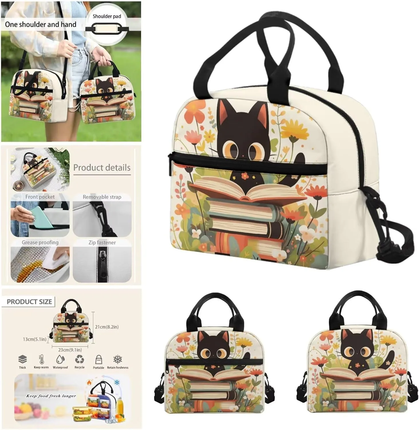 Black Cat Backpack for Girls with Lunch Box Pencil Case Water Bottle Sleeve 4 Pcs Kids Bookbags Breathable Girls Backpacks for Middle School Aesthetic Book Bag for Primary School
