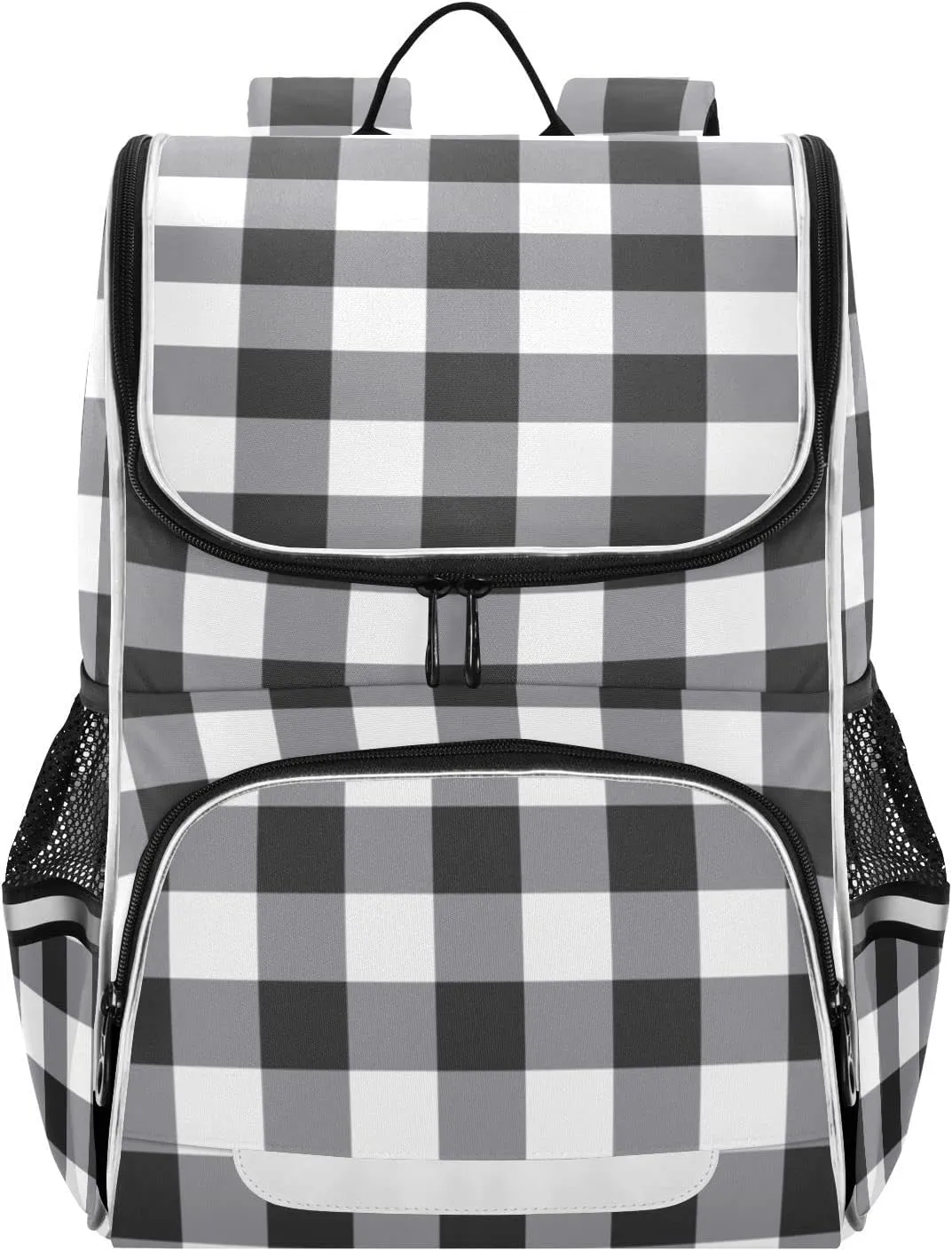 Black Grey White Plaid School Backpack for Teens Student,Reflective Stripes Laptop Backpacks 16 Inch, Tartan Check Plaid Lightweight Bookbag Casual Daypack Travel Bag