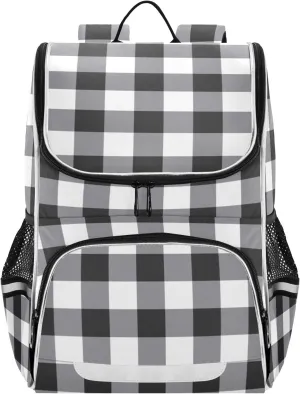 Black Grey White Plaid School Backpack for Teens Student,Reflective Stripes Laptop Backpacks 16 Inch, Tartan Check Plaid Lightweight Bookbag Casual Daypack Travel Bag