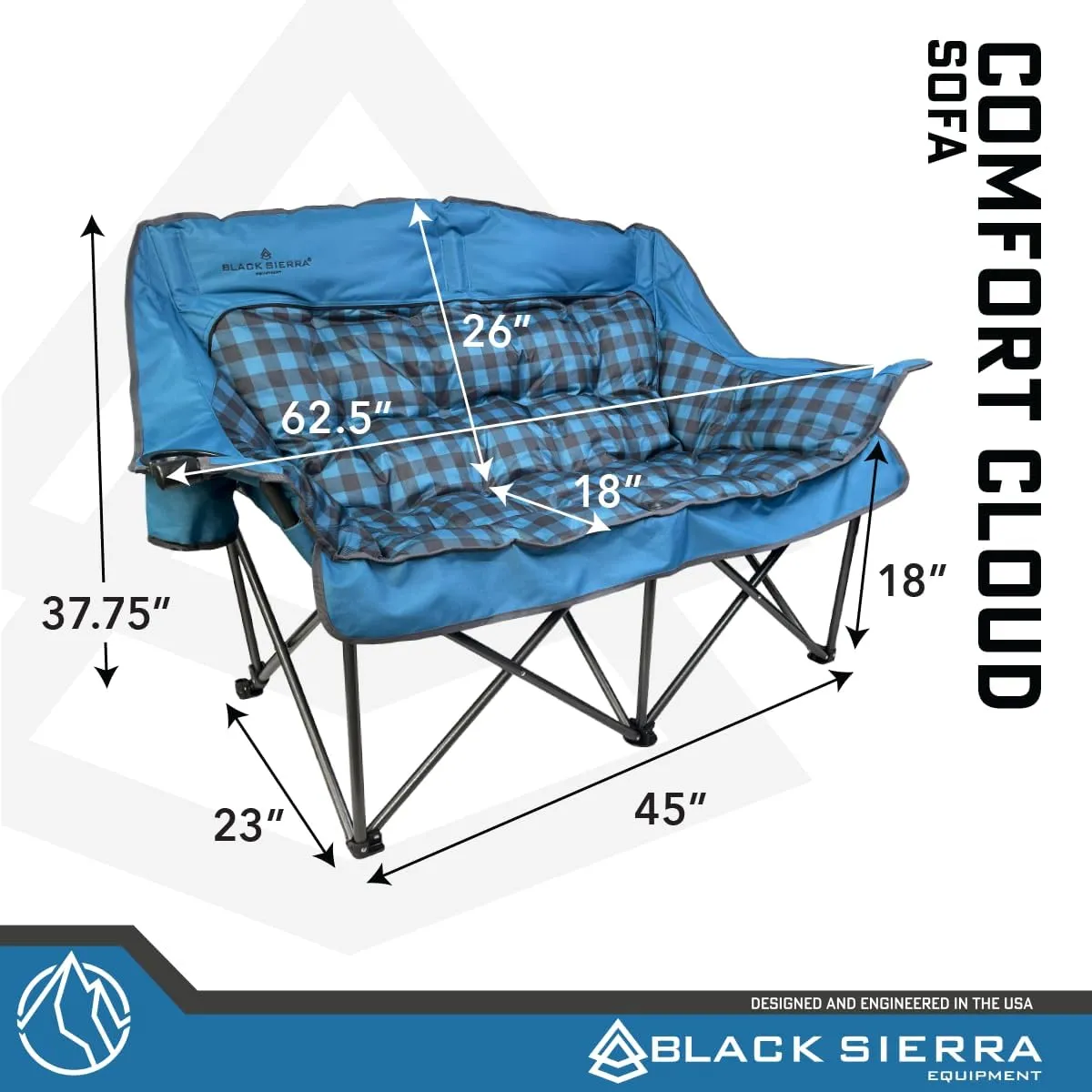 Black Sierra Double Camping Chair for Adults, Oversized Folding Loveseat Supports 600 lbs, Plush Padded Outdoor Couch with Cup Holders and Carry Bag for Beach, Patio, RV, or Tailgating Events