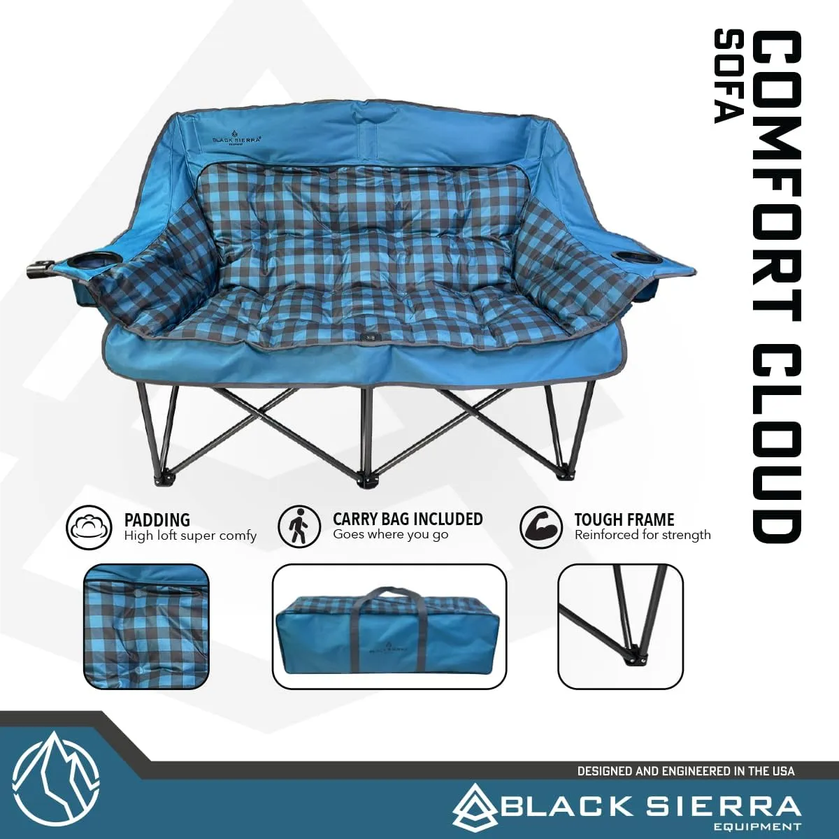 Black Sierra Double Camping Chair for Adults, Oversized Folding Loveseat Supports 600 lbs, Plush Padded Outdoor Couch with Cup Holders and Carry Bag for Beach, Patio, RV, or Tailgating Events