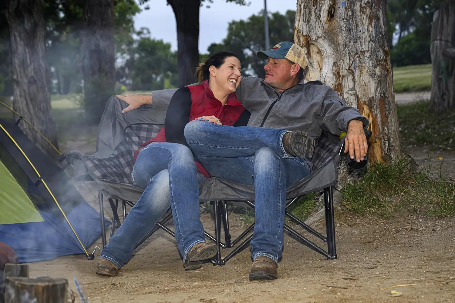 Black Sierra Double Camping Chair for Adults, Oversized Folding Loveseat Supports 600 lbs, Plush Padded Outdoor Couch with Cup Holders and Carry Bag for Beach, Patio, RV, or Tailgating Events