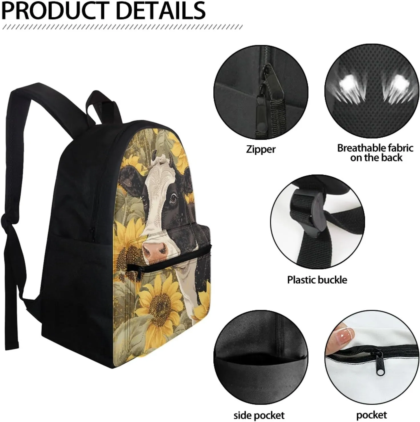 Black White Cow Sunflower Girls Backpack Cute Kids Backpack for School Travel Lightweight Bookbag Girls Elementary Middle Schoolbag