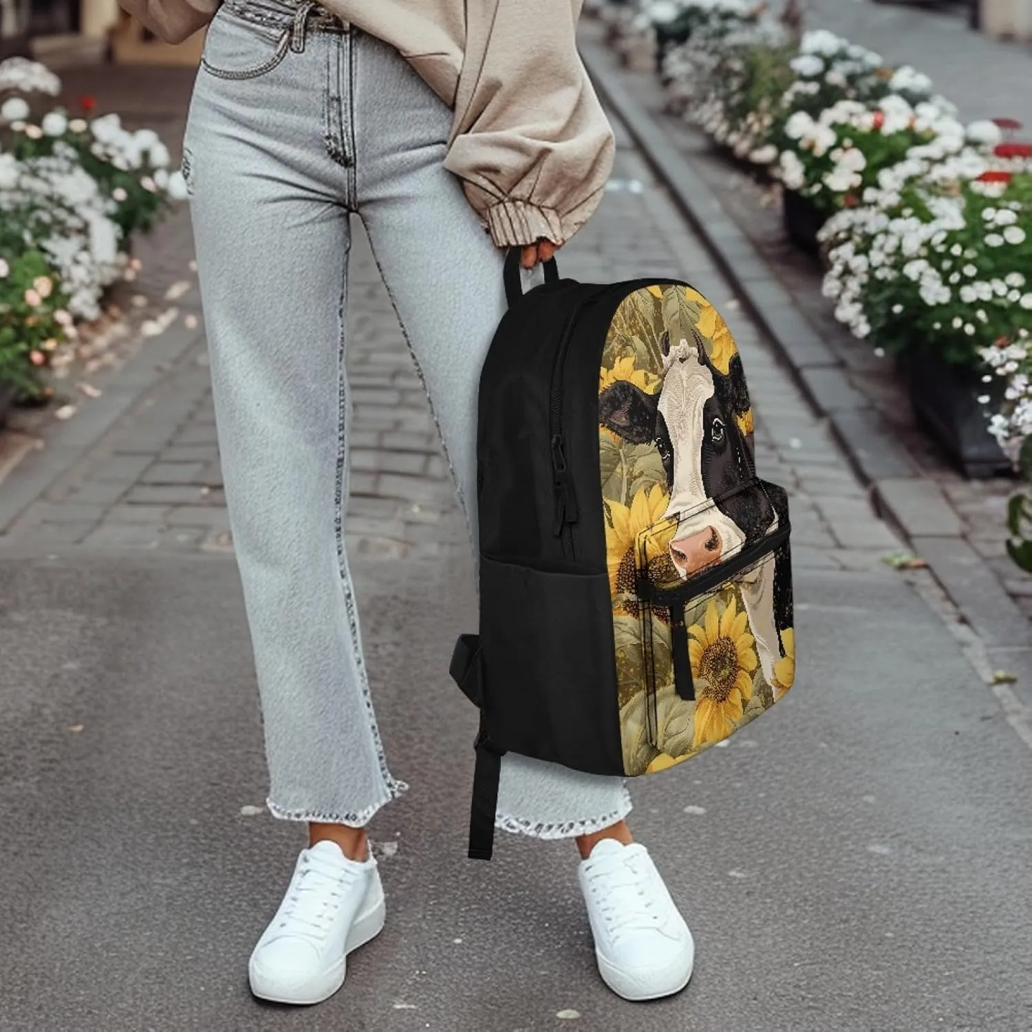Black White Cow Sunflower Girls Backpack Cute Kids Backpack for School Travel Lightweight Bookbag Girls Elementary Middle Schoolbag