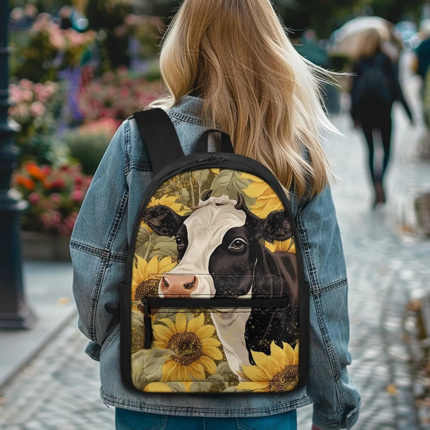 Black White Cow Sunflower Girls Backpack Cute Kids Backpack for School Travel Lightweight Bookbag Girls Elementary Middle Schoolbag