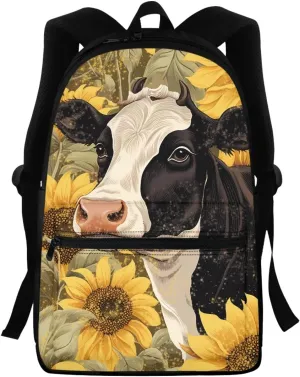 Black White Cow Sunflower Girls Backpack Cute Kids Backpack for School Travel Lightweight Bookbag Girls Elementary Middle Schoolbag