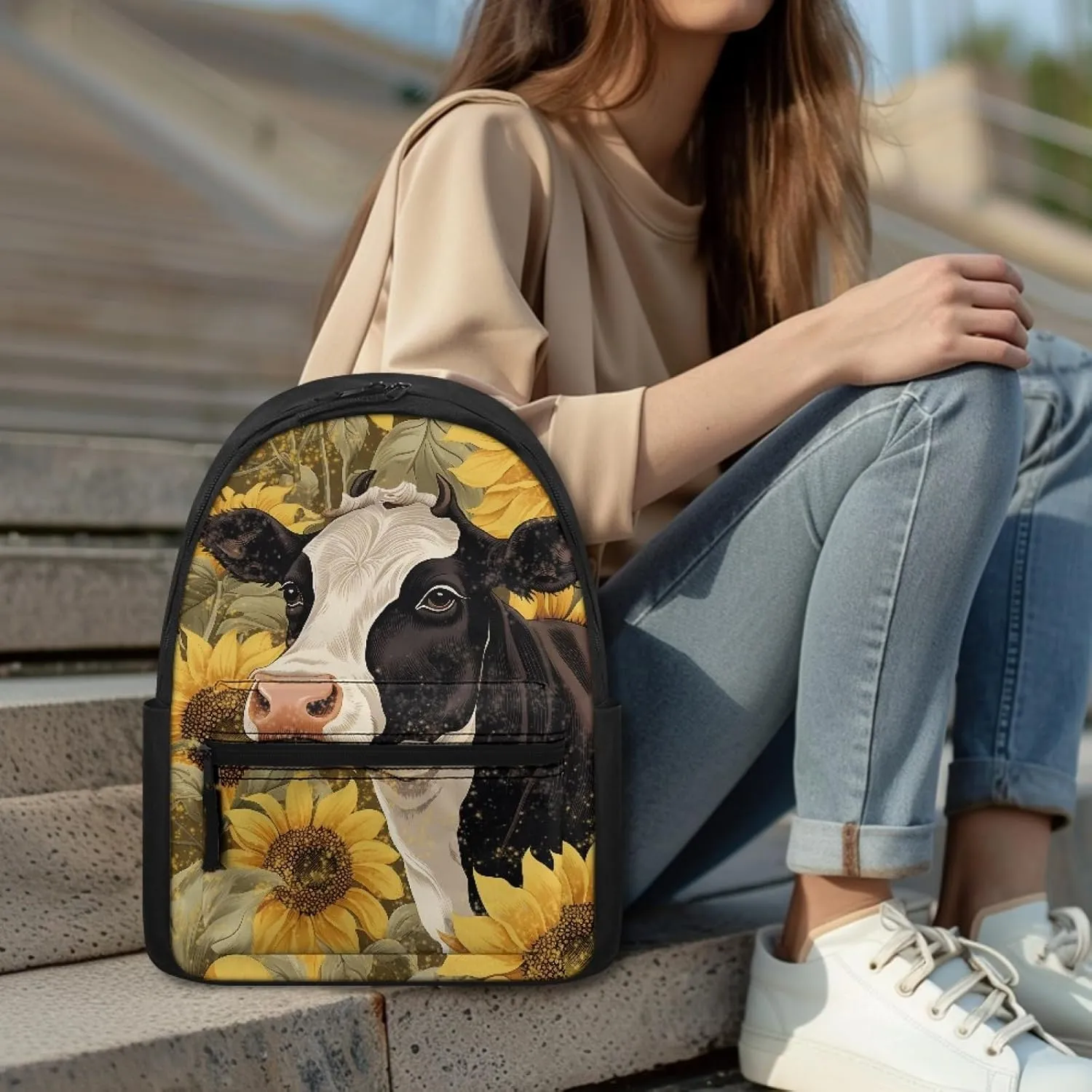 Black White Cow Sunflower Girls Backpack Cute Kids Backpack for School Travel Lightweight Bookbag Girls Elementary Middle Schoolbag