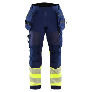 Blaklader 1821 Navy Blue/Hi-Vis Yellow Softshell Trousers With Holster Pockets