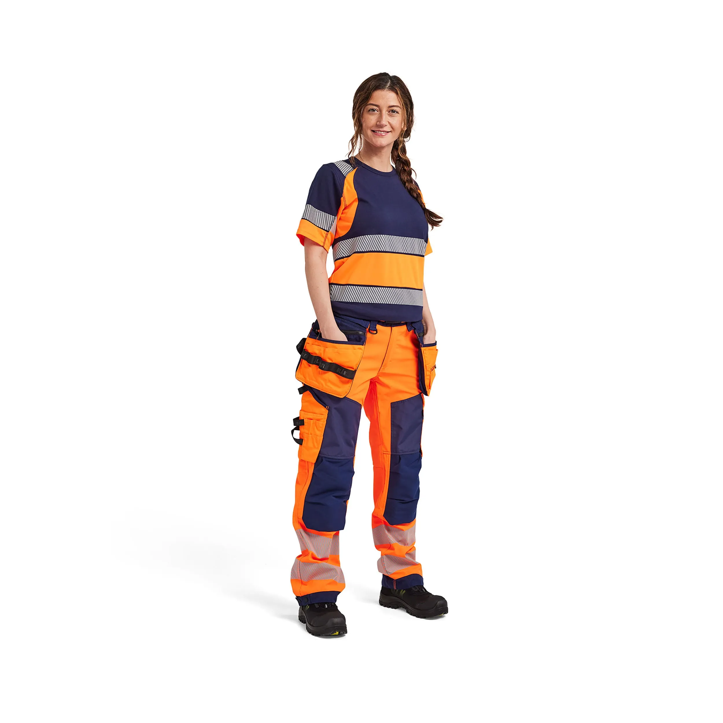 Blaklader 7118 Hi-Vis Orange/Navy Blue Women's Softshell Trousers With Holster Pockets