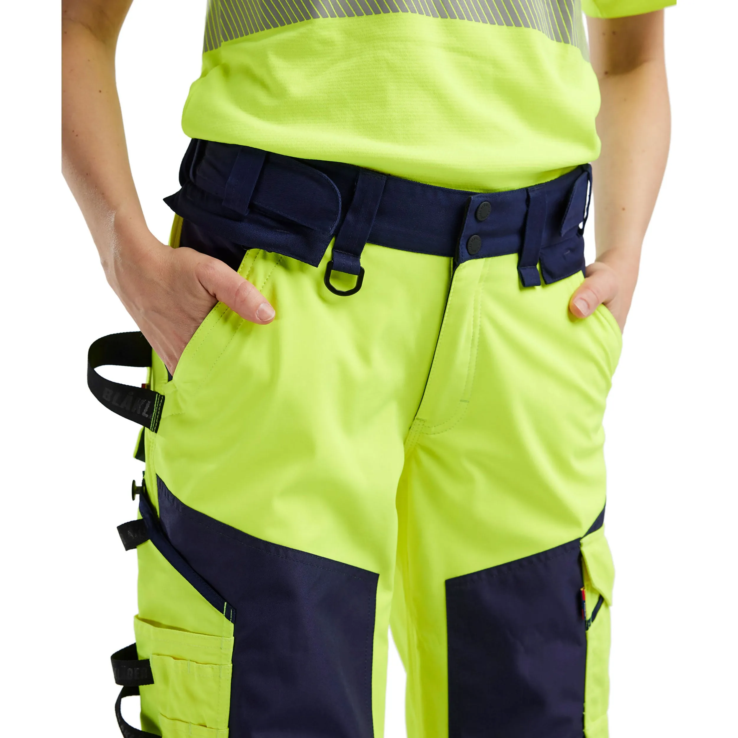 Blaklader 7118 Hi-Vis Yellow/Navy Blue Women's Softshell Trousers With Holster Pockets