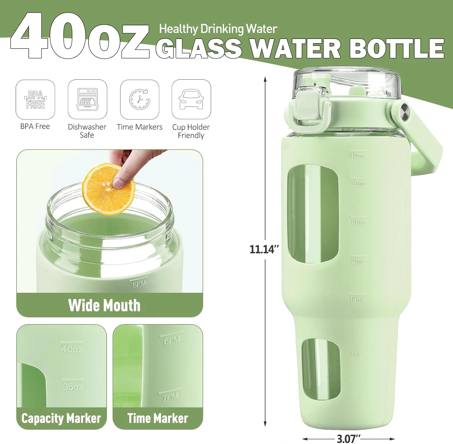 BLUEGO 40 oz Glass Water Bottle with Straw, Leakproof Glass Drinking Bottle with Time Marker and Silicone Sleeve, Wide Mouth for Travel, Gym, Workout, Green