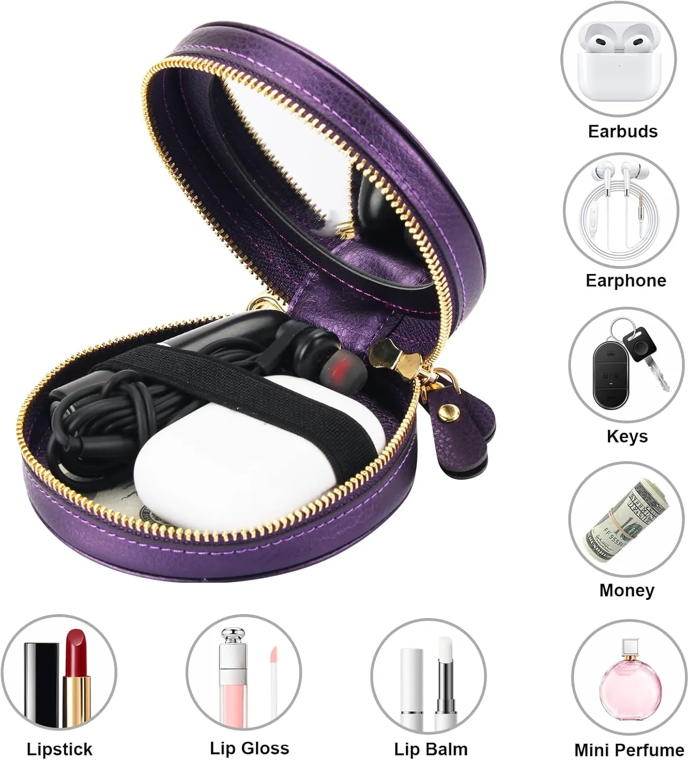 Bocasal Coin Pouch Mini Lipstick Cosmetic Bag with Airtag Holder Mirror, Leather Zipper Travel Makeup Bag Keychain Ring Clasp for Keys Earbuds Earphone Lip Gloss Chapstick Women Girls (Dark Purple)