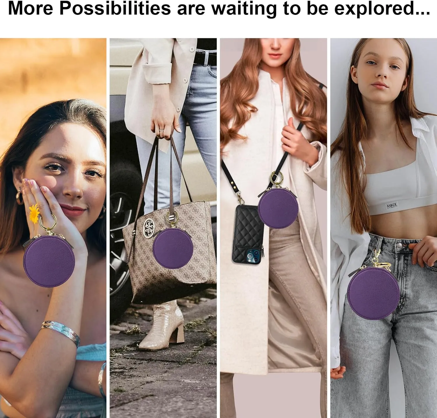 Bocasal Coin Pouch Mini Lipstick Cosmetic Bag with Airtag Holder Mirror, Leather Zipper Travel Makeup Bag Keychain Ring Clasp for Keys Earbuds Earphone Lip Gloss Chapstick Women Girls (Dark Purple)