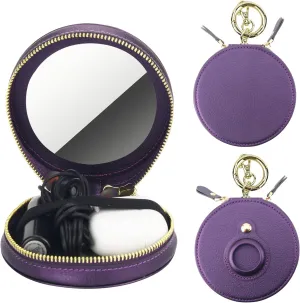 Bocasal Coin Pouch Mini Lipstick Cosmetic Bag with Airtag Holder Mirror, Leather Zipper Travel Makeup Bag Keychain Ring Clasp for Keys Earbuds Earphone Lip Gloss Chapstick Women Girls (Dark Purple)