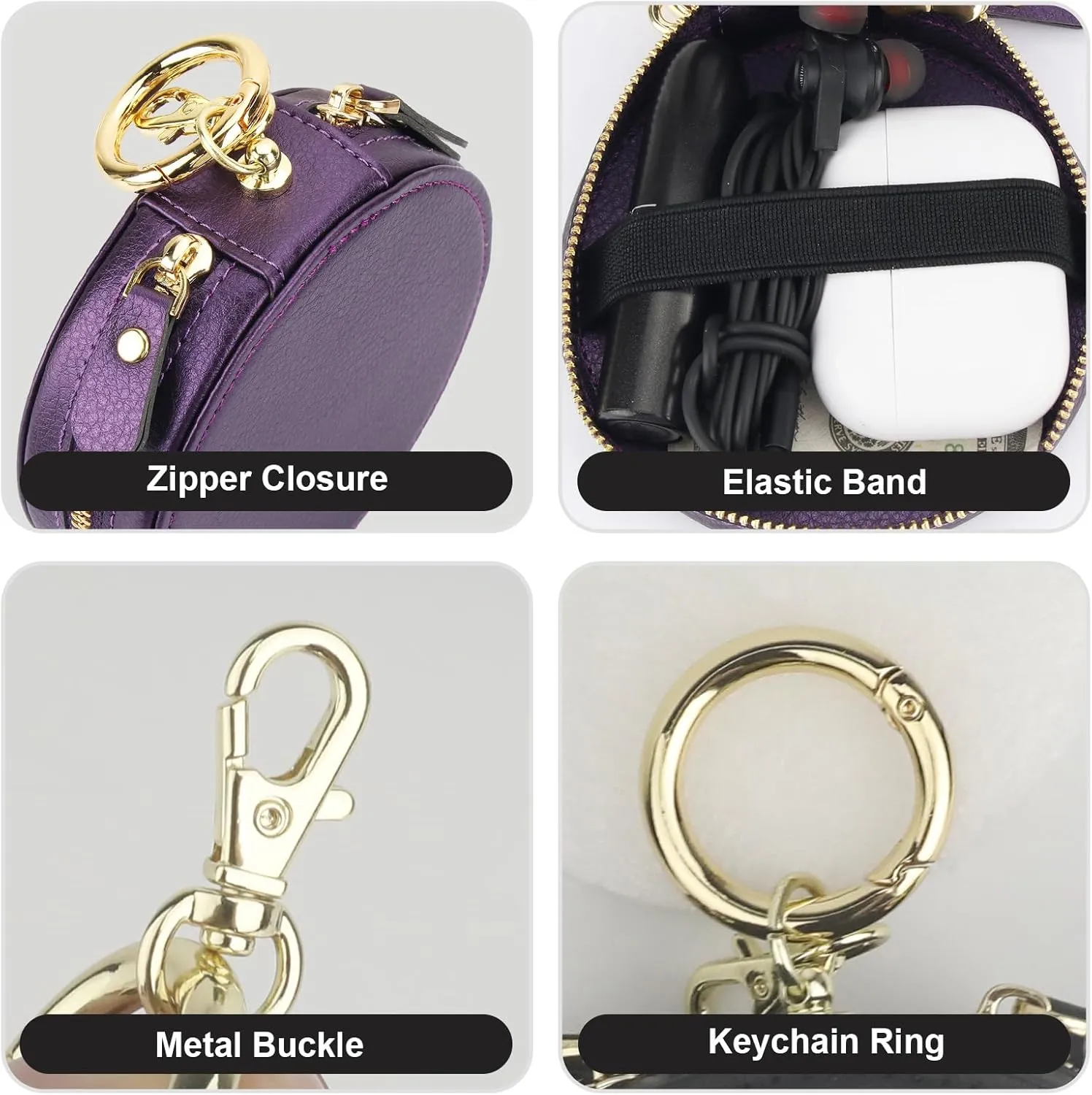 Bocasal Coin Pouch Mini Lipstick Cosmetic Bag with Airtag Holder Mirror, Leather Zipper Travel Makeup Bag Keychain Ring Clasp for Keys Earbuds Earphone Lip Gloss Chapstick Women Girls (Dark Purple)