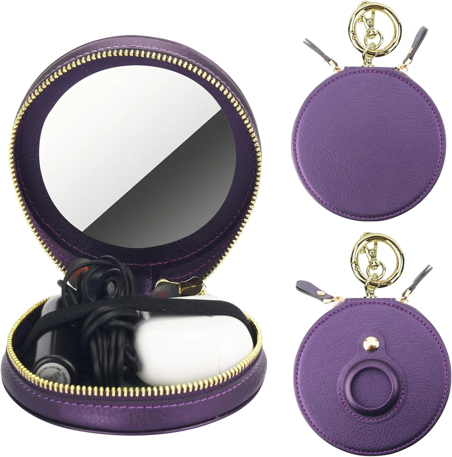 Bocasal Coin Pouch Mini Lipstick Cosmetic Bag with Airtag Holder Mirror, Leather Zipper Travel Makeup Bag Keychain Ring Clasp for Keys Earbuds Earphone Lip Gloss Chapstick Women Girls (Dark Purple)