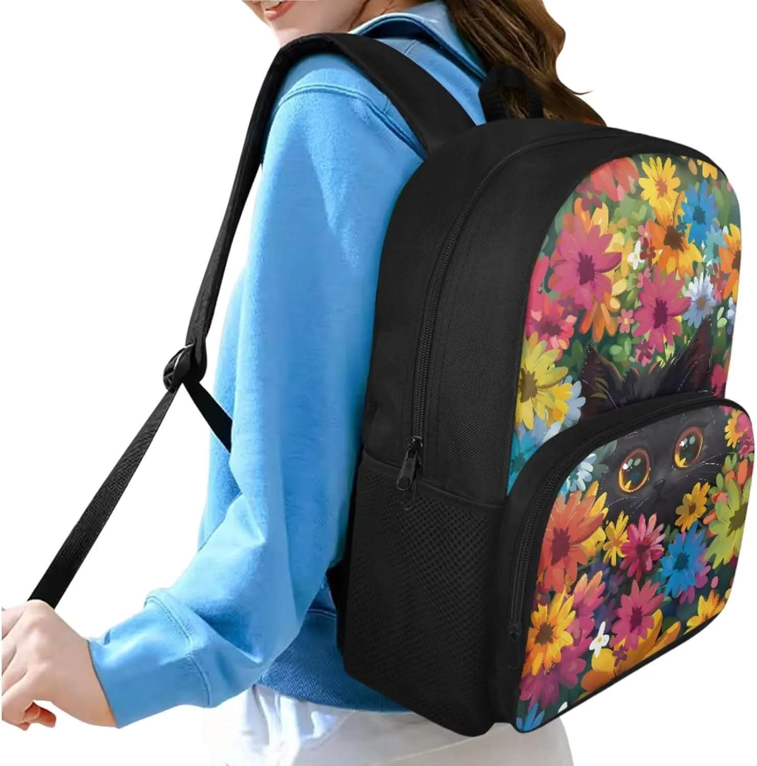 Boho Cat Preschool Backpack for Girls, 15 inch Bookbag with Large Front Pocket for Boys 8-12 Cute Backpack for Toddlers for Daily Shopping Day Trips and Short Travel