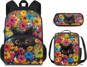 Boho Cat Preschool Backpack for Girls, 15 inch Bookbag with Large Front Pocket for Boys 8-12 Cute Backpack for Toddlers for Daily Shopping Day Trips and Short Travel