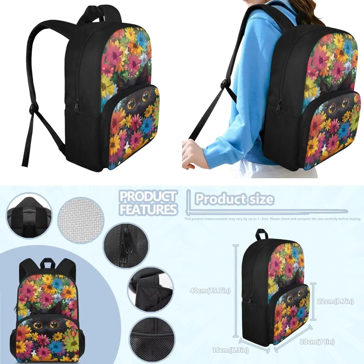 Boho Cat Preschool Backpack for Girls, 15 inch Bookbag with Large Front Pocket for Boys 8-12 Cute Backpack for Toddlers for Daily Shopping Day Trips and Short Travel