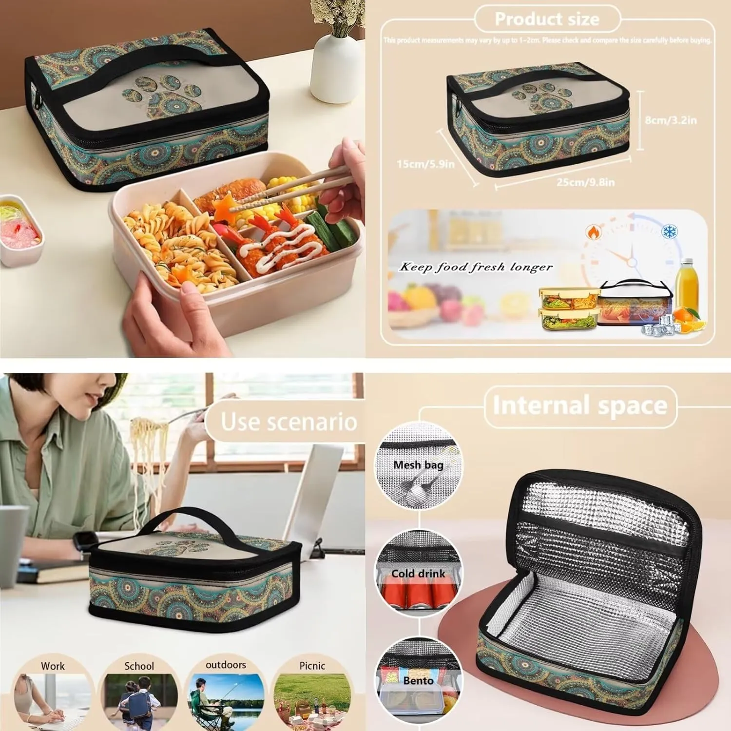 Boho Dog Paw Print Backpack Set for Girls Boys Kids with Insulated Lunch Box Cute Pencil Case School Bag for Kids Made From Easy To Clean Polyester and Built with Padded