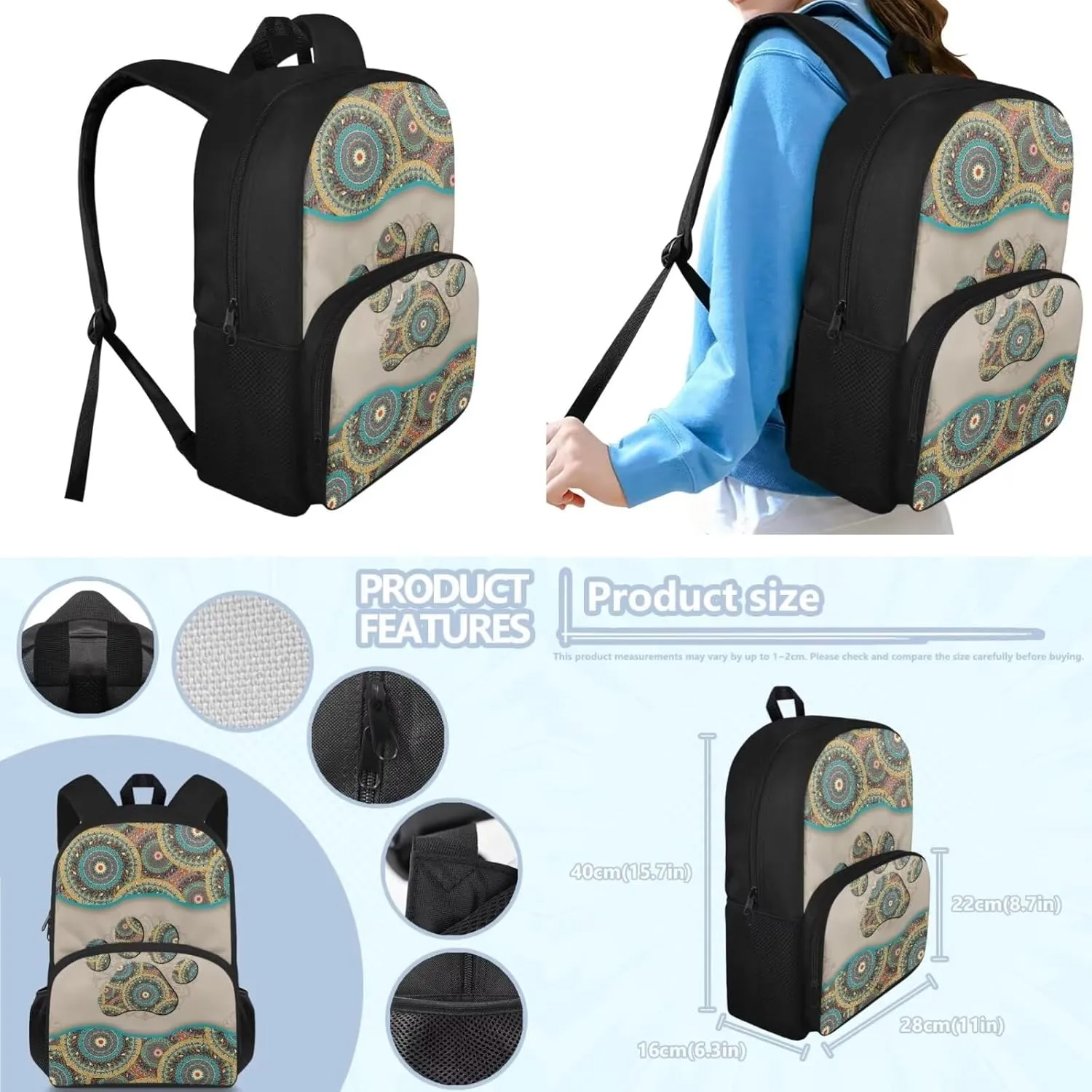 Boho Dog Paw Print Backpack Set for Girls Boys Kids with Insulated Lunch Box Cute Pencil Case School Bag for Kids Made From Easy To Clean Polyester and Built with Padded