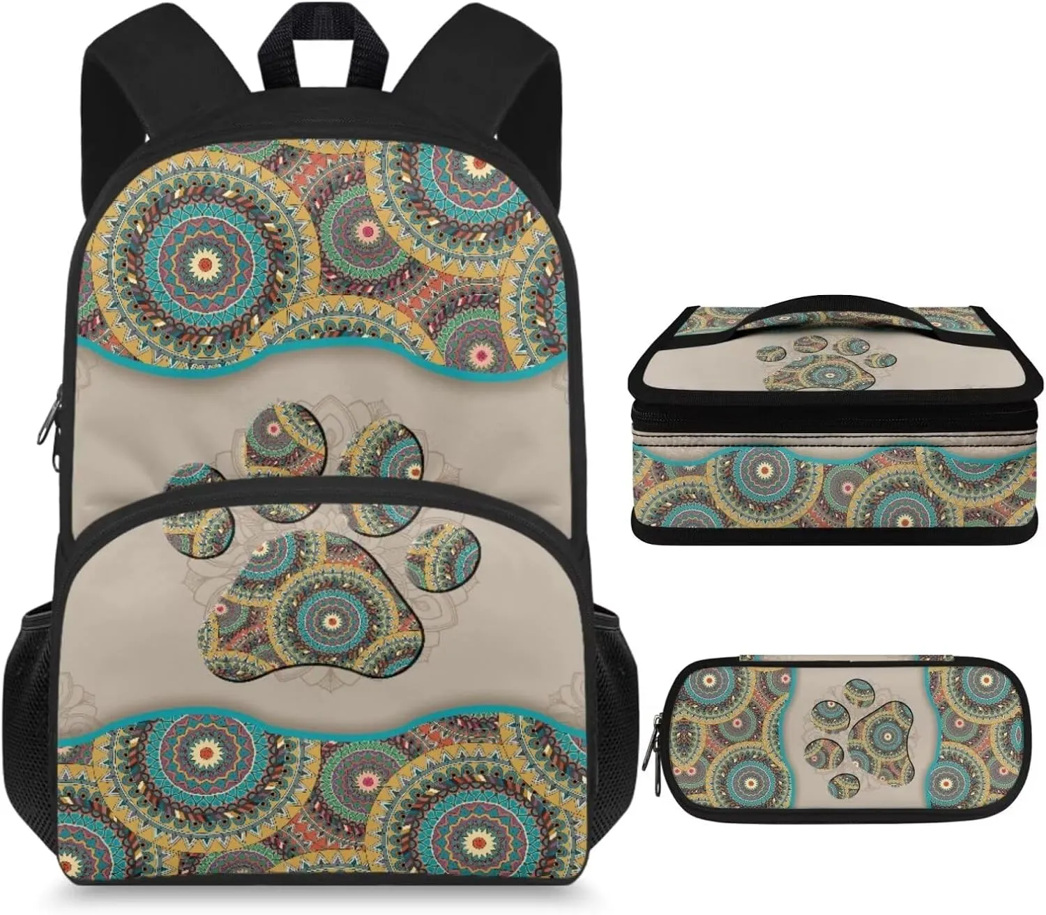 Boho Dog Paw Print Backpack Set for Girls Boys Kids with Insulated Lunch Box Cute Pencil Case School Bag for Kids Made From Easy To Clean Polyester and Built with Padded