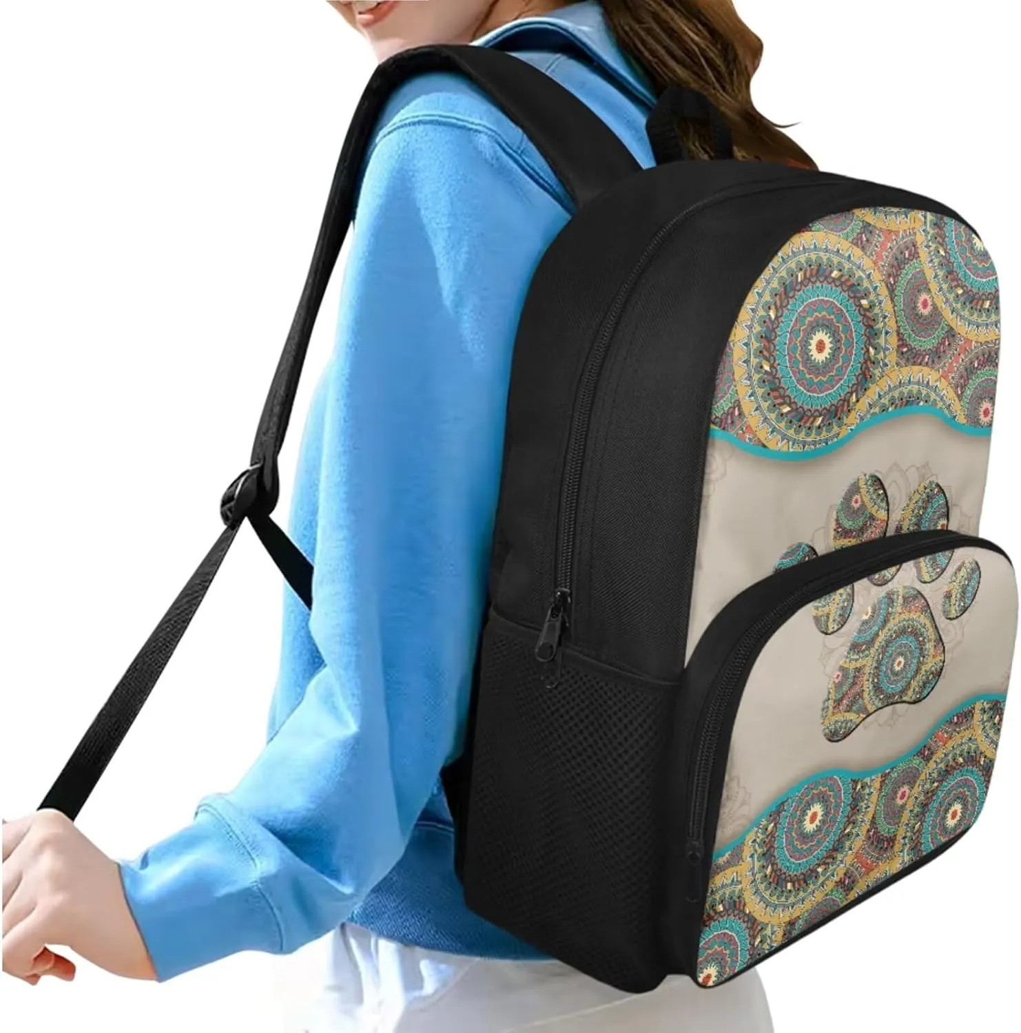 Boho Dog Paw Print Backpack Set for Girls Boys Kids with Insulated Lunch Box Cute Pencil Case School Bag for Kids Made From Easy To Clean Polyester and Built with Padded