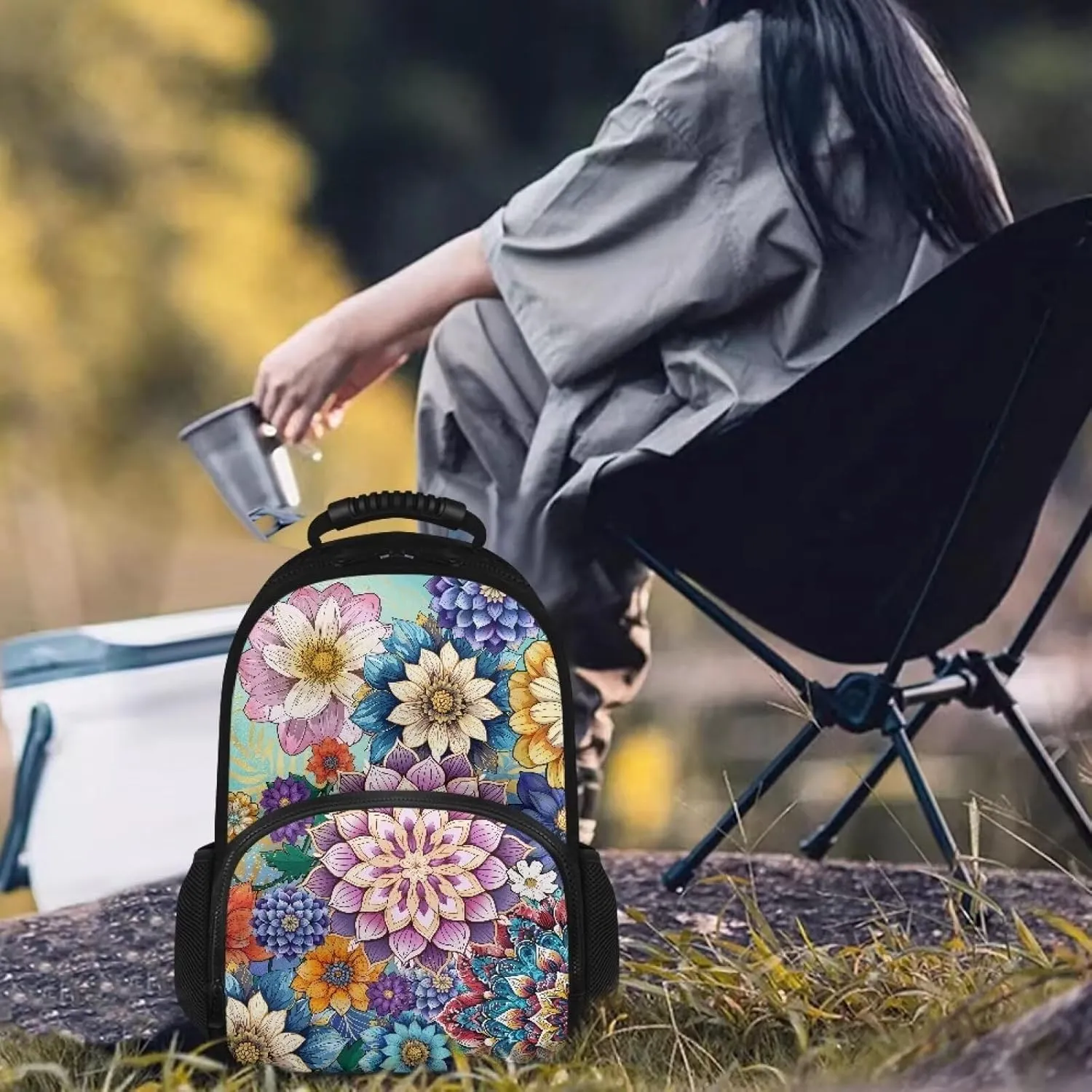 Boho Flower Backpack With Lunch Box for Women Lunch Backpack Insulated Lunch Bag Work Backpack With Cooler Compartment Laptop Backpacks 17inch Bookbag Daypack Beach Picnic Camping Gifts