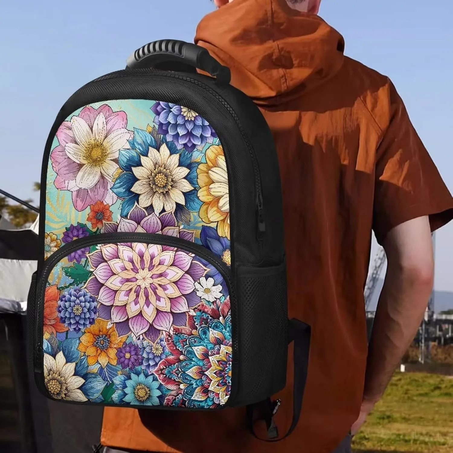 Boho Flower Backpack With Lunch Box for Women Lunch Backpack Insulated Lunch Bag Work Backpack With Cooler Compartment Laptop Backpacks 17inch Bookbag Daypack Beach Picnic Camping Gifts