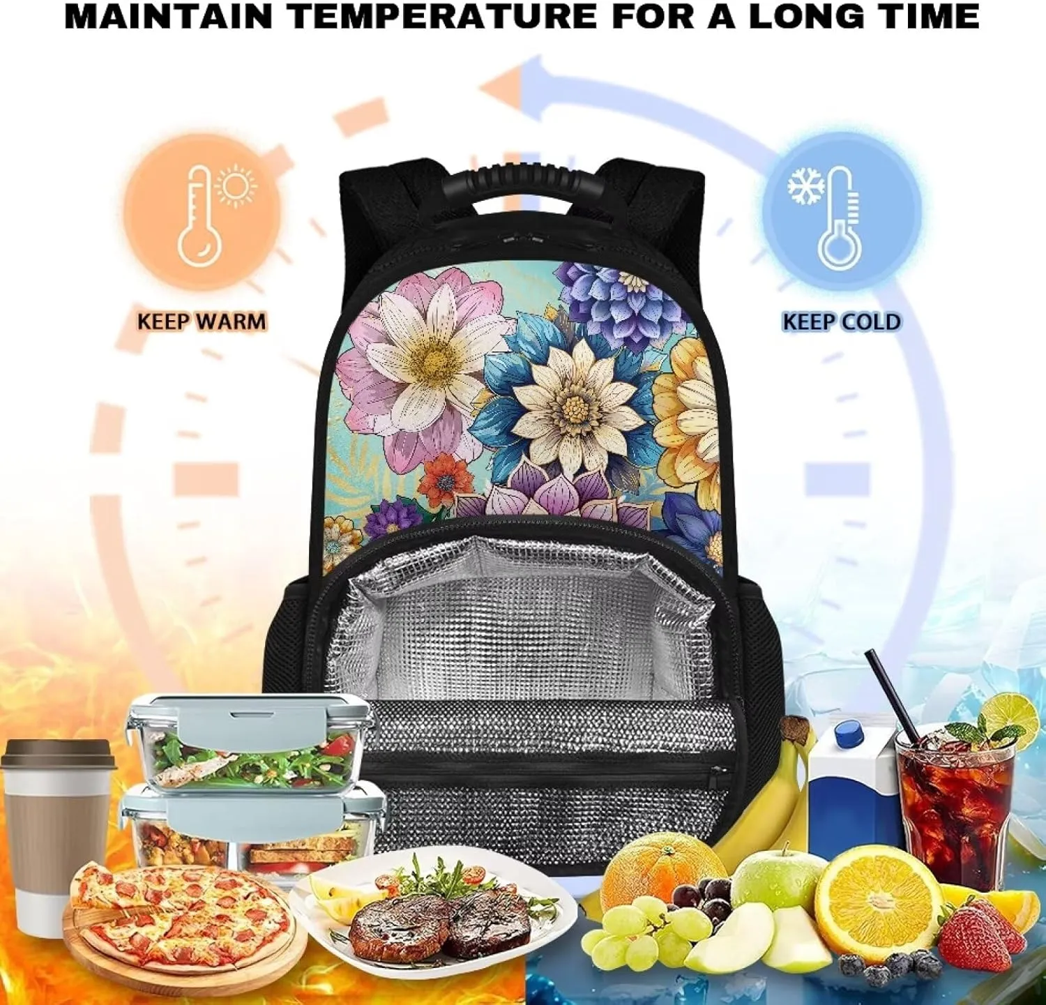 Boho Flower Backpack With Lunch Box for Women Lunch Backpack Insulated Lunch Bag Work Backpack With Cooler Compartment Laptop Backpacks 17inch Bookbag Daypack Beach Picnic Camping Gifts