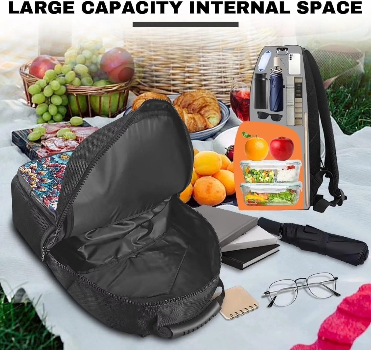 Boho Flower Backpack With Lunch Box for Women Lunch Backpack Insulated Lunch Bag Work Backpack With Cooler Compartment Laptop Backpacks 17inch Bookbag Daypack Beach Picnic Camping Gifts