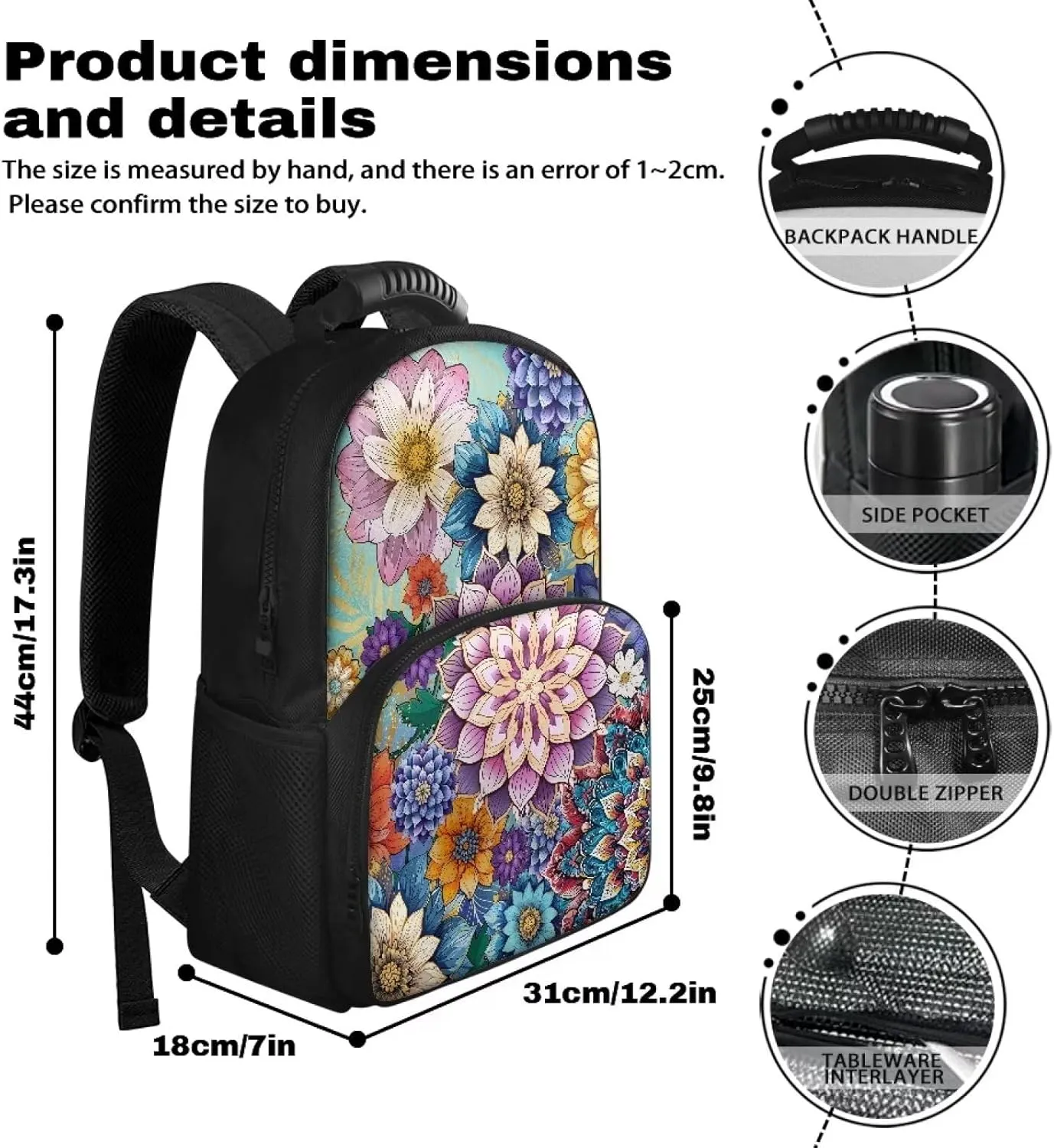 Boho Flower Backpack With Lunch Box for Women Lunch Backpack Insulated Lunch Bag Work Backpack With Cooler Compartment Laptop Backpacks 17inch Bookbag Daypack Beach Picnic Camping Gifts